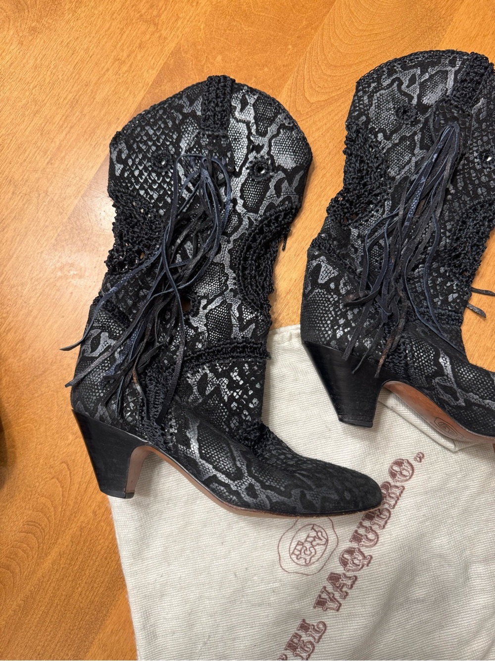 El Vaquero Black Snake-Print Lace-Up Ankle Booties